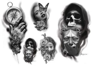 Svartvita tatueringsmotiv: en kompass, en kvinna med en fjäril, en skalle med en mask, två skallar med rosor och en kvinna med rosor och ansiktsfärg, allt i en realistisk, detaljerad stil.