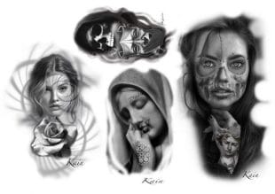 Fyra svartvita surrealistiska porträtt av kvinnor, alla med intrikata detaljer som rosor, geometriska mönster, ansiktsfärg i form av dödskallar och dramatiska skuggor. Bilderna blandar realism med konstnärliga element och alla är signerade "Kain.".