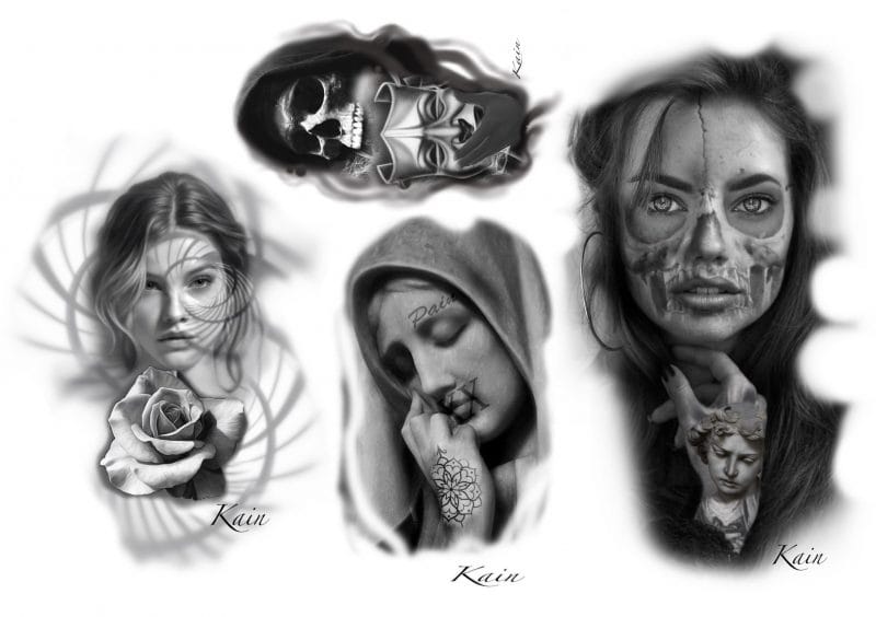 Fyra svartvita realistiska tatueringar med kvinnoansikten: en med en ros, en med slutna ögon och en mandala på handen, en med ett hemsökt ansikte och en som kombinerar ett kvinnoansikte med en klassisk skulptur. Namnet Kain förekommer på varje motiv.