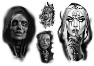 Fyra svartvita porträtt av kvinnor med skelettliknande ansiktsmålning eller dödskallemakeup, inklusive rosor, smycken och en pentagramsymbol, som blandar gotiska och Day of the Dead-stilar.