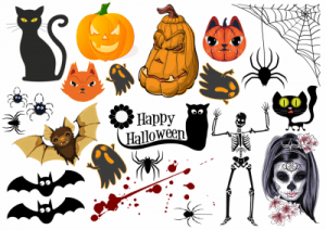 Likeink Halloween Temporary Tattoo. Skeleton, black cat, and pumpkin tattoo