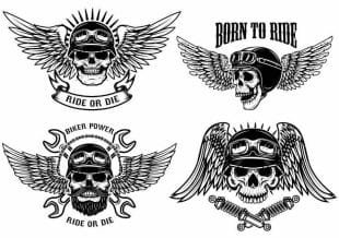 "Born To Ride" tattoos, skulls with wings.