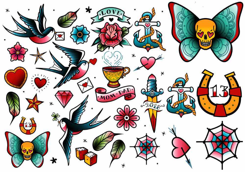 Old school tattoo set with various tattoo motifs.