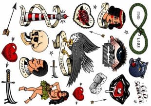 Vintage old school tattoos. Old school tattoo, temporary tattoo. "End Less" and "Love" tattoo text.