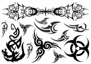 Tribal tattoos as fake tattoos. Multiple large and small designs.