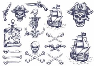 Hand-drawn pirate tattoos, skeleton, pirate, treasure map.