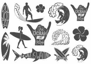 Surf motif single-use tattoos. Hang loose, black surf tattoos. Wave tattoo.