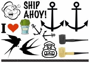 Popeye tattoos. Karl Alfred. Tattoo Karl Alfred, Anchor, pipe, swallow, spinach tattoo. Temporary tattoos from Like ink with Karl Alfred.