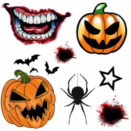 tatueringar, tatueringar barn för Halloween. Motiv av pumpa, spindel, mun.