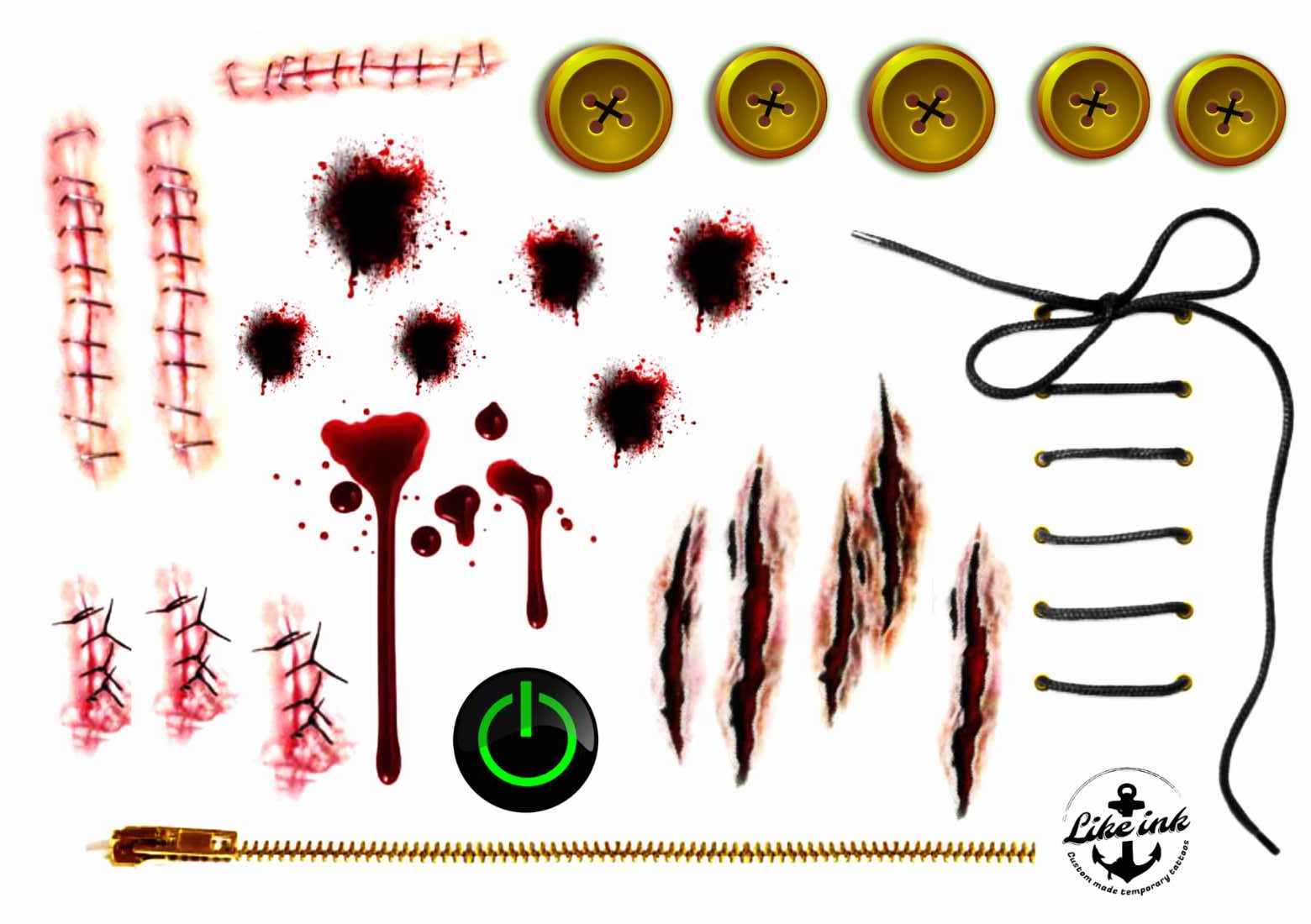 Halloween makeup tips Like ink. Tattoo blood, wounds, buttons, stitches. Tattoos for masquerades.