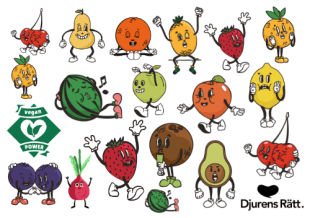 Tatueringsmotiv, illustrationer av frukter och bär i samarbete mellan Like ink och Djurens Rätt. veganska gnuggisar där vinsten går till Djurens Rätt. 