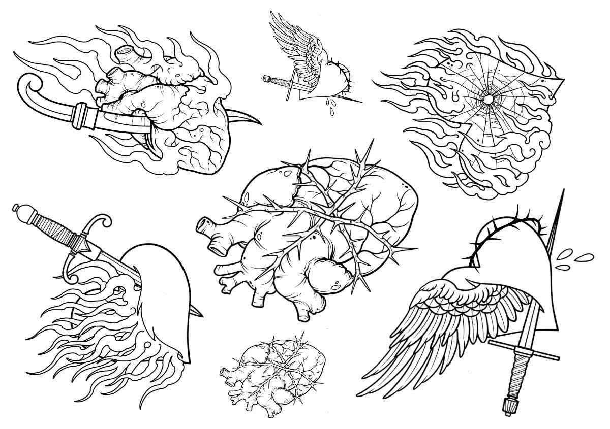 Tattoo artist Nicklas Wennerberg flash sheet with broken hearts.
