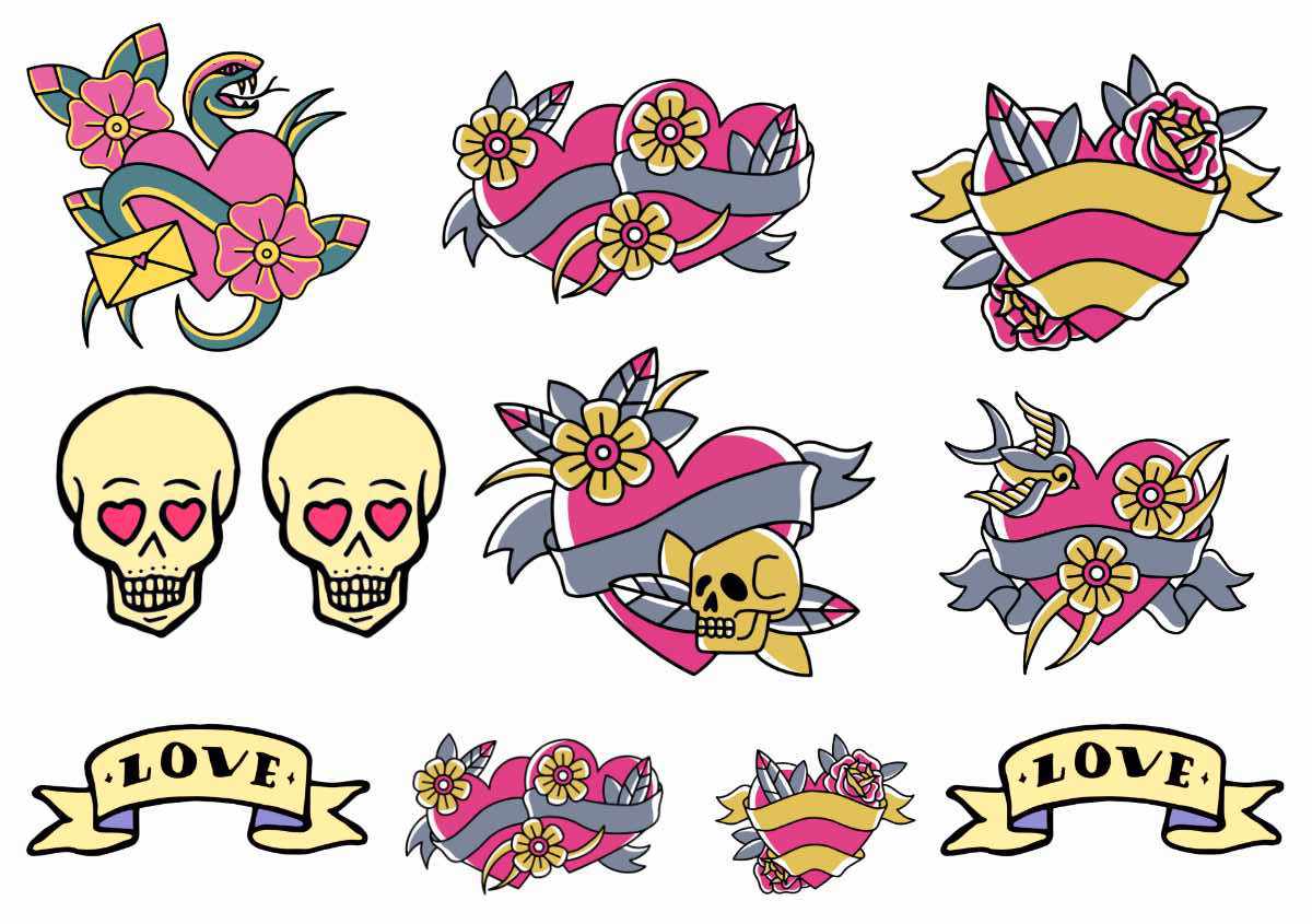 Love tattoos in American Old-School style with hearts and skulls.