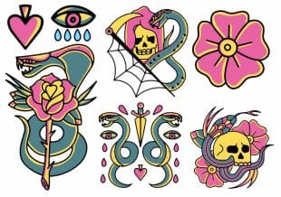 Oldschool snake tattoo sheet from Like ink. Oldschool flower, snake tattoos. Fake Tattoos