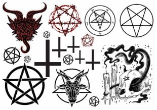 Satanism tattoos as fake tattoos on A5 sheets. Order at Like ink.