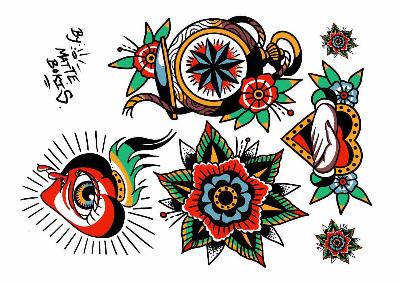 Old School flowers and crying heart as temporary tattoos from Like ink.