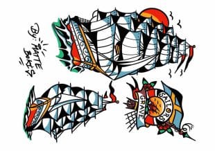 Fake tattoos of a ship and "Sailors Grave" drawn by tattoo artist Matte Bokis from Like ink.
