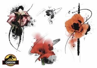 This sheet showcases a series of temporary tattoos from Like ink, designed by Carper Ink. The tattoos are characterized by their abstract interpretation of floral motifs, focusing on poppies and a striking rose. The poppies are rendered with flowing lines and playful use of color, giving a dynamic and almost dreamlike sensation. The design of the rose stands out with its rich and vivid color palette, captivating the viewer's eye. These tattoos combine a modern feel with classic beauty, perfect for those looking to express their creative side. Like ink Fake Tattoos offers an easy and pain-free way to try out these unique artworks on the skin.