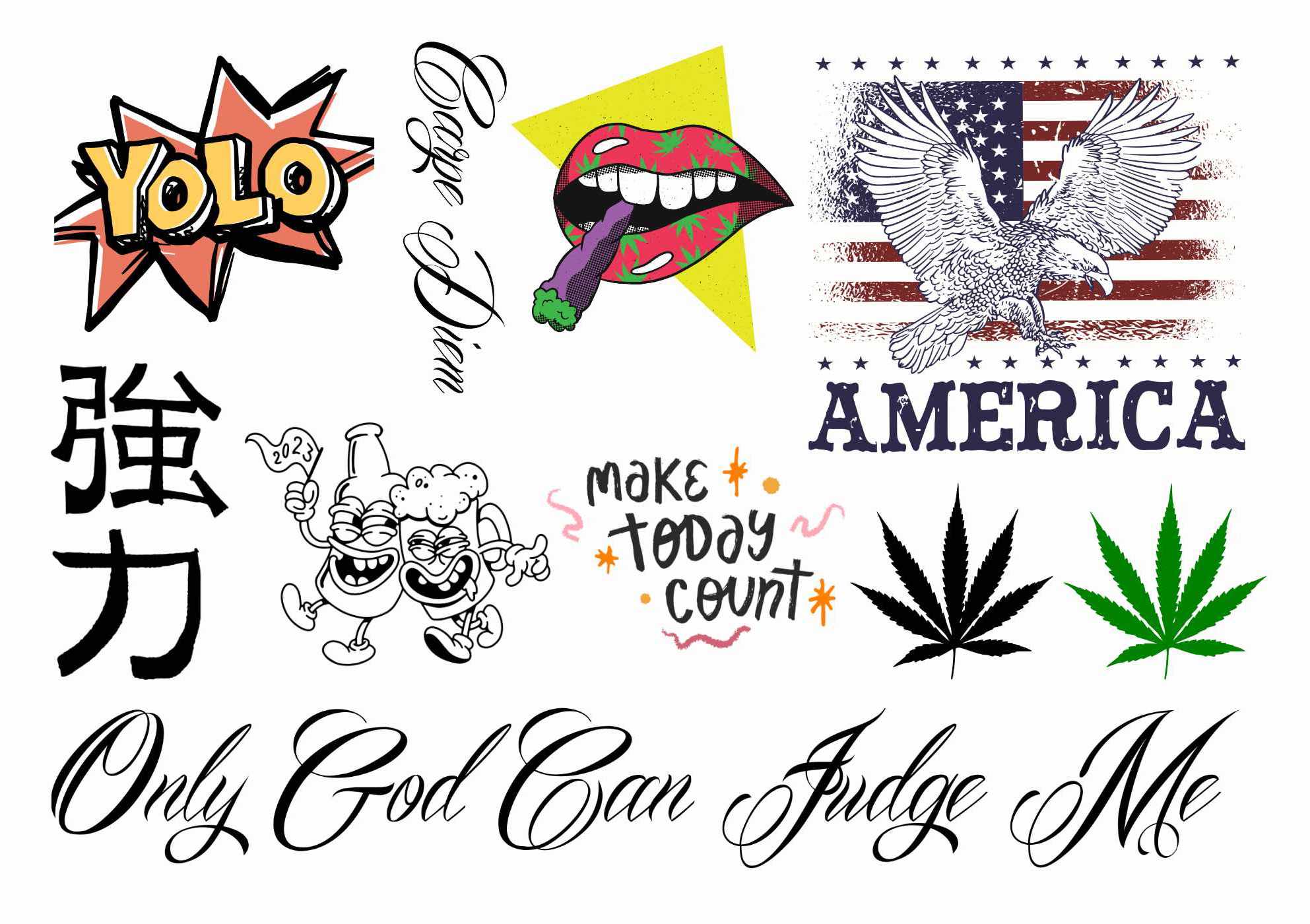 Sheet of Like ink temporary tattoos featuring a variety of designs: a prominent 'Red Flag' motif, phrases including 'only good can save me,' a cannabis leaf design, a Chinese character, and the phrase 'carpe diem.' Intended for fun at parties, not as permanent tattoos.
