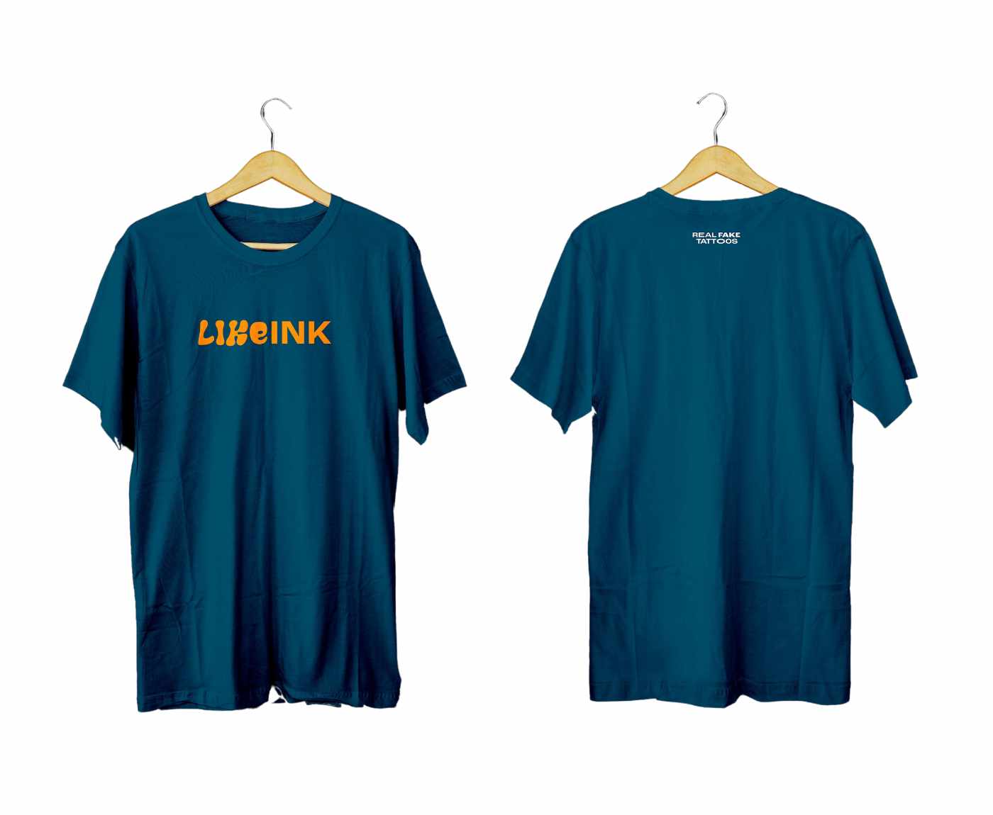 Like ink t-shirt. Blue with orange logo on the front and REAL FAKE TATTOO logo on the back