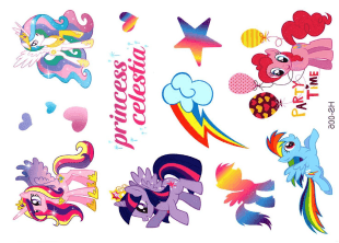 Glitter Tattoos. Glitter tattoos for kids. Party Time temporary tattoos with ponies, rainbows, and other glittery fake tattoos from Like ink.
