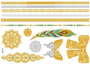 Tattoos in gold and silver with beautiful designs. Glittering gold and silver temporary tattoos.