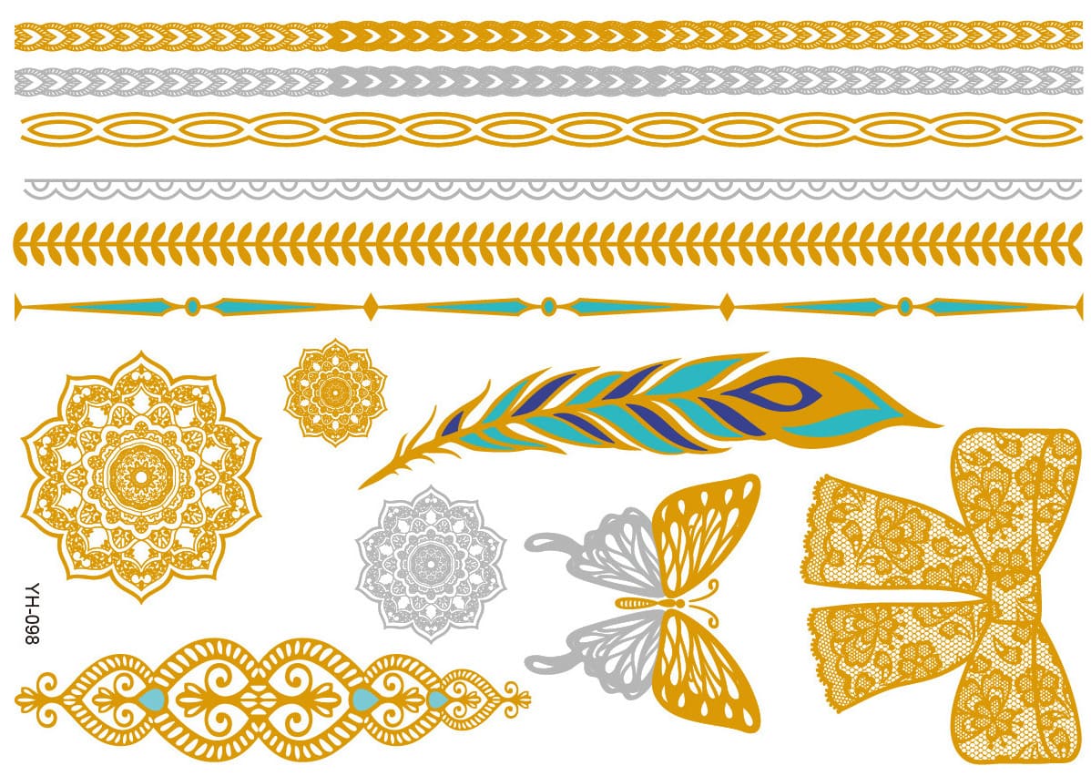 Tattoos in gold and silver with beautiful designs. Glittering gold and silver temporary tattoos.