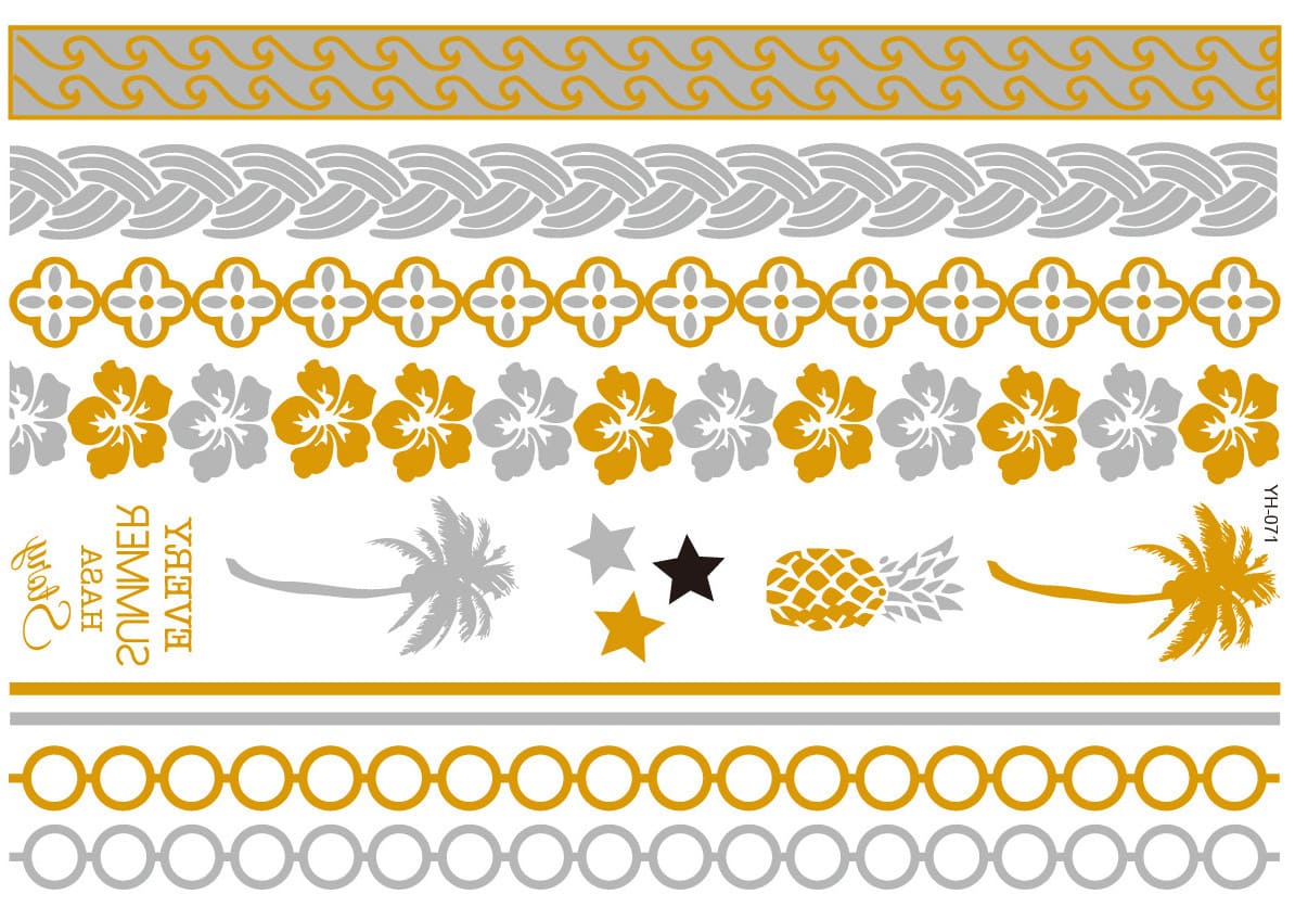 Gold and silver tattoos in various patterns. Like ink gold and silver tattoos.