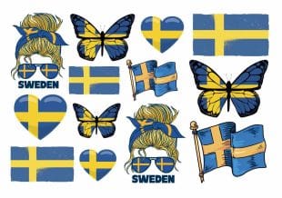 Rub-on tattoos with Swedish flags in various shapes. Butterfly with the Swedish flag, different Swedish flags, hearts, and other tattoos celebrating Sweden and the Swedish flag.