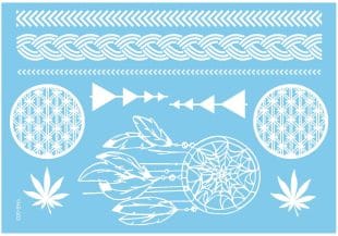 White temporary tattoos, temporary tattoos with dreamcatchers, leaves, arrows, and graphic lines. Like ink