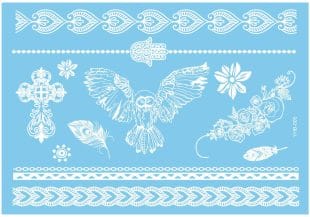 White tattoos, fake tattoos that are white with various patterns and a nice white owl. From Like ink