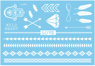 White temporary tattoos with designs of feathers, diamonds, and arrows.