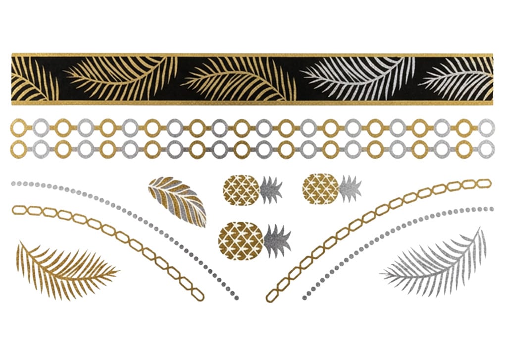Gold Foil Temporary Tattoos: metallic gold and silver designs—palm leaves, pineapples, geometric chains, dotted lines, plus a bold black band with gold and silver palm fronds on white.