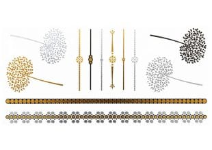 Rows of gold and silver dandelion silhouettes and geometric line patterns create decorative borders on a white background, inspired by Silver Foil Temporary Tattoos.