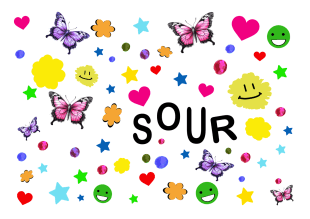 Colorful temporary tattoos featuring butterflies, smiley faces, hearts, and stars, inspired by Olivia Rodrigo's "Sour" album stickers.