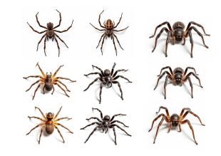 A collection of eight temporary tattoo designs featuring various realistic spider illustrations.