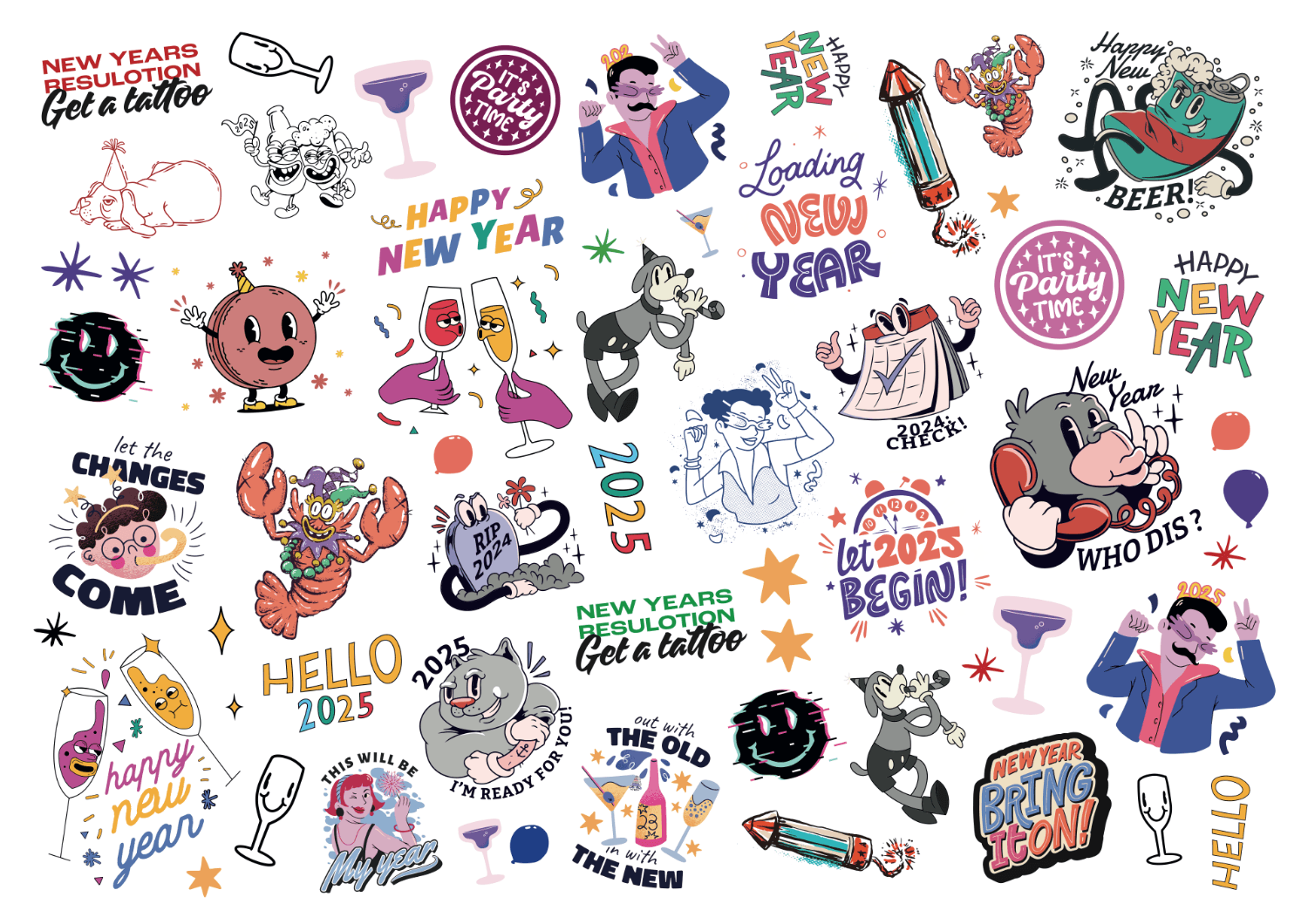 A colorful collection of New Year-themed temporary tattoo designs featuring various illustrations such as party motifs, characters, celebratory phrases, and playful drawings related to the year 2025.