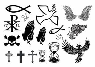 Christian symbols like temporary tattoos on Like ink. Dove, fish, angel wings, hour glass, cross, grapes. Nice Christian tattoos in good quality.