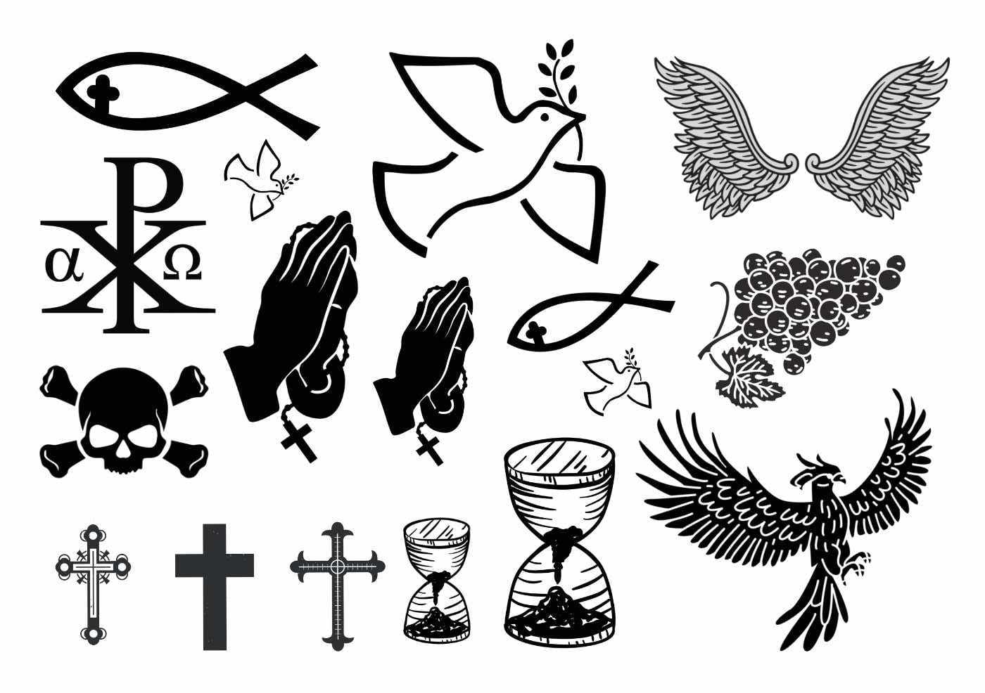 Christian symbols like temporary tattoos on Like ink. Dove, fish, angel wings, hour glass, cross, grapes. Nice Christian tattoos in good quality.