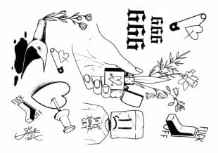 Black and white temporary tattoo sheet featuring flowers, a lighter, gothic text, a sad masked figure, and punk-inspired symbols.