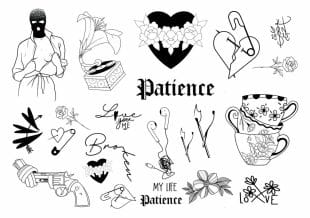 Black and white temporary tattoo sheet featuring various designs, including a masked figure, floral elements, hearts, safety pins, stacked teacups, a revolver with a knot, and handwritten words like "Patience" and "Love."