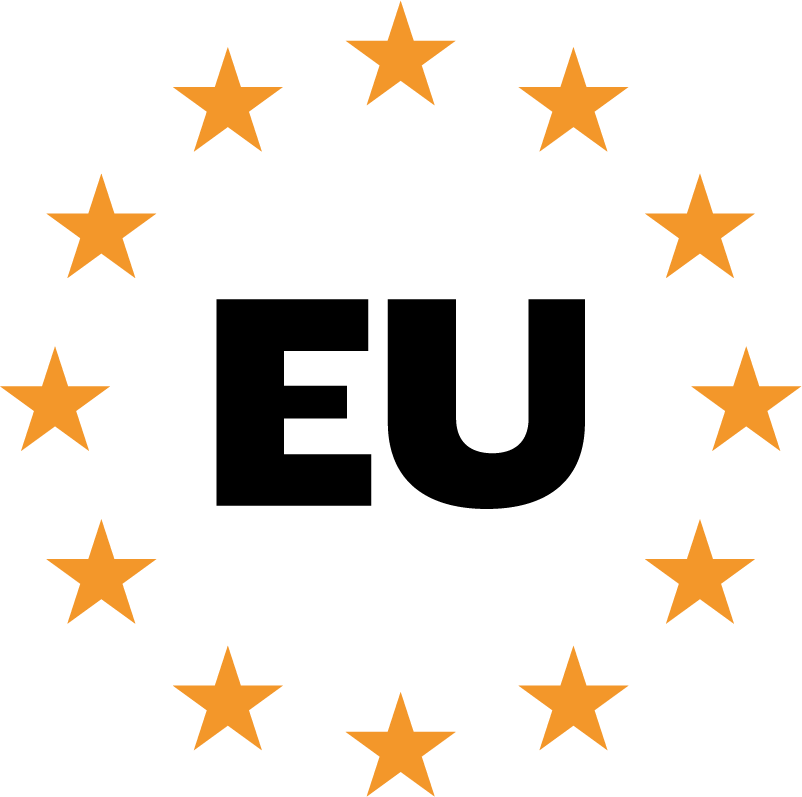 De feta bokstäverna EU är centrerade och omgivna av en cirkel med tolv gula stjärnor på en ljus bakgrund, som symboliserar Europeiska unionen.