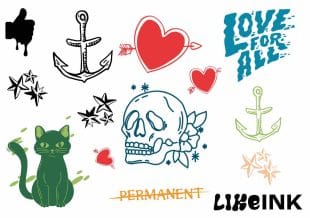 Tattoo sheet featuring nautical anchors, hearts with arrows, a skull, stars, a green cat, and slogan text.