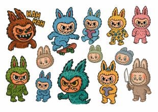 Temporary Labubu tattoos featuring quirky monster characters in colorful bunny suits with playful and mischievous expressions.