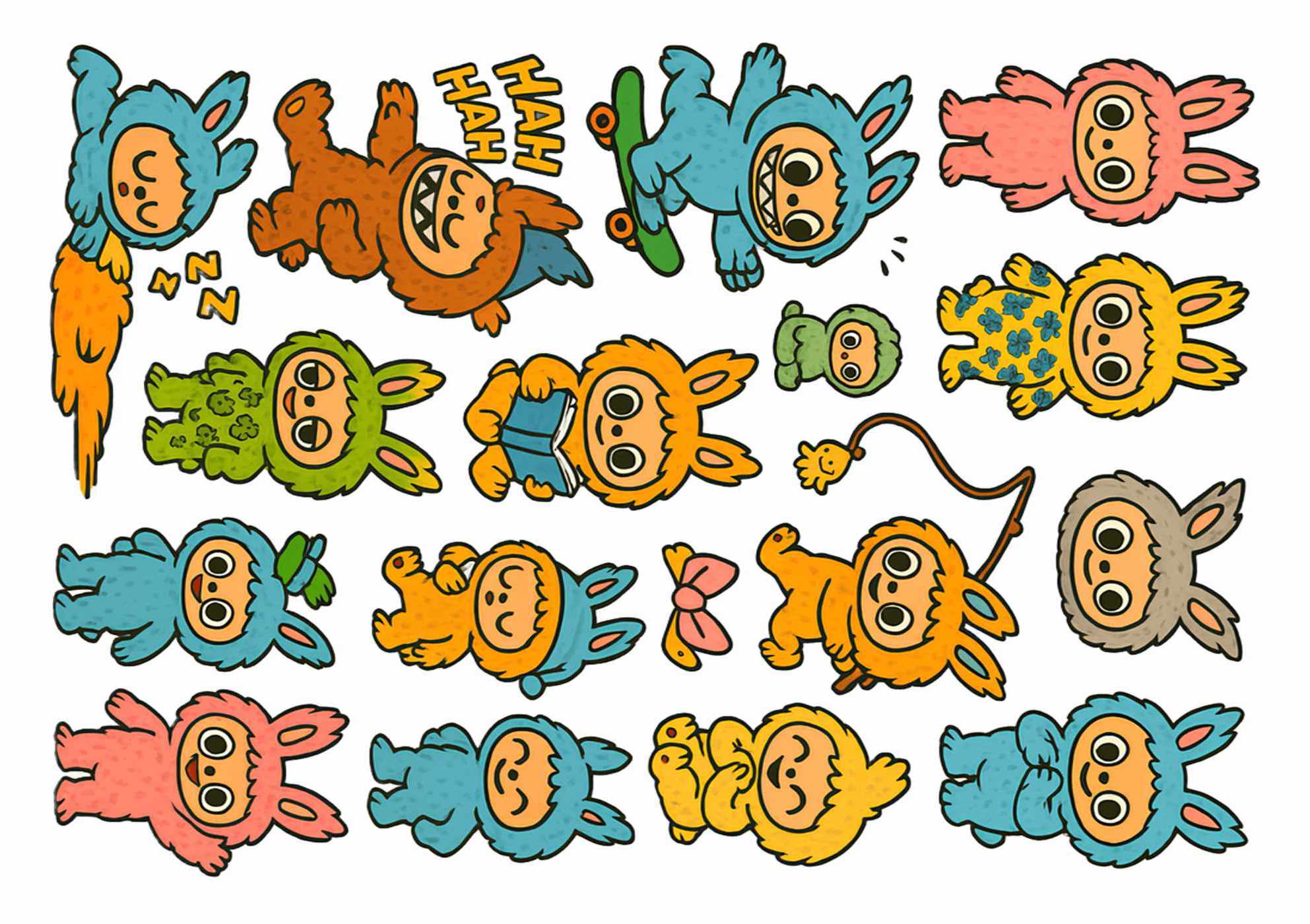 Labubu babies tattoos featuring colorful cartoon baby monsters with big eyes and playful expressions in various cute poses.