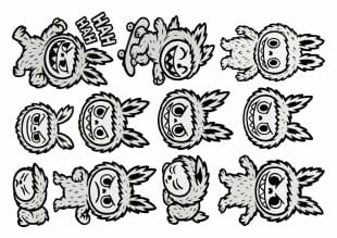 Lafufu tattoos with black and white cartoon monster characters featuring playful and expressive poses.