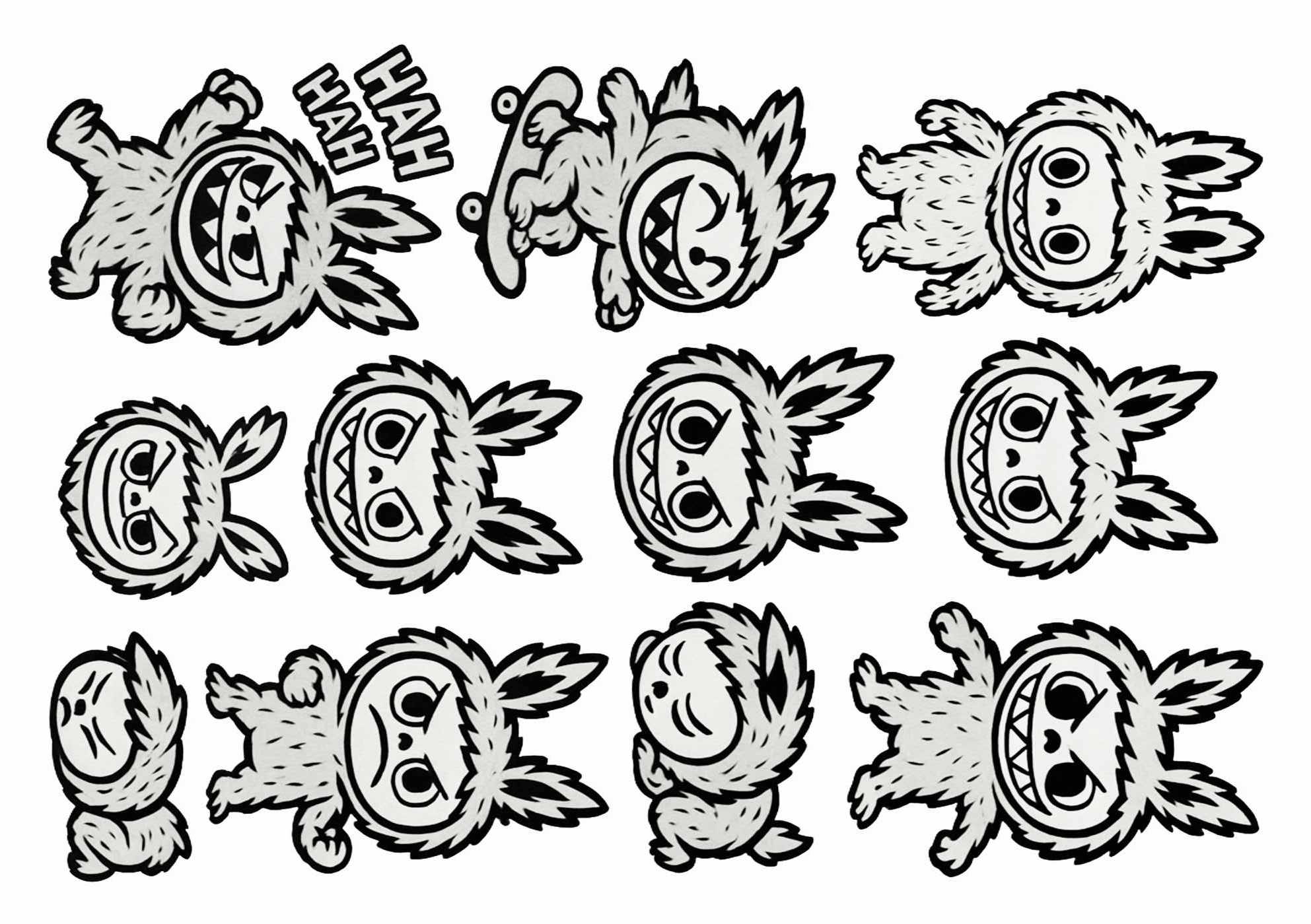 Lafufu tattoos with black and white cartoon monster characters featuring playful and expressive poses.