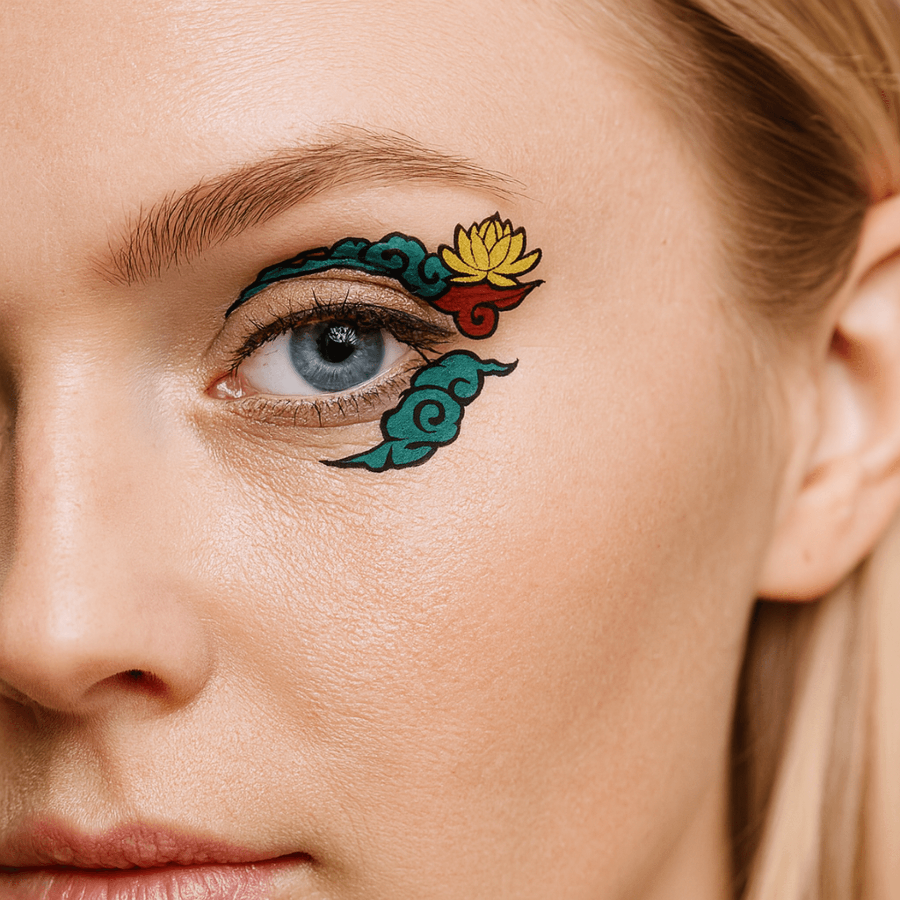 Närbild av en kvinnas ansikte som visar kreativ ögonmakeup med en blå och grön molndesign med en gul lotusblomma accent över hennes blå öga.