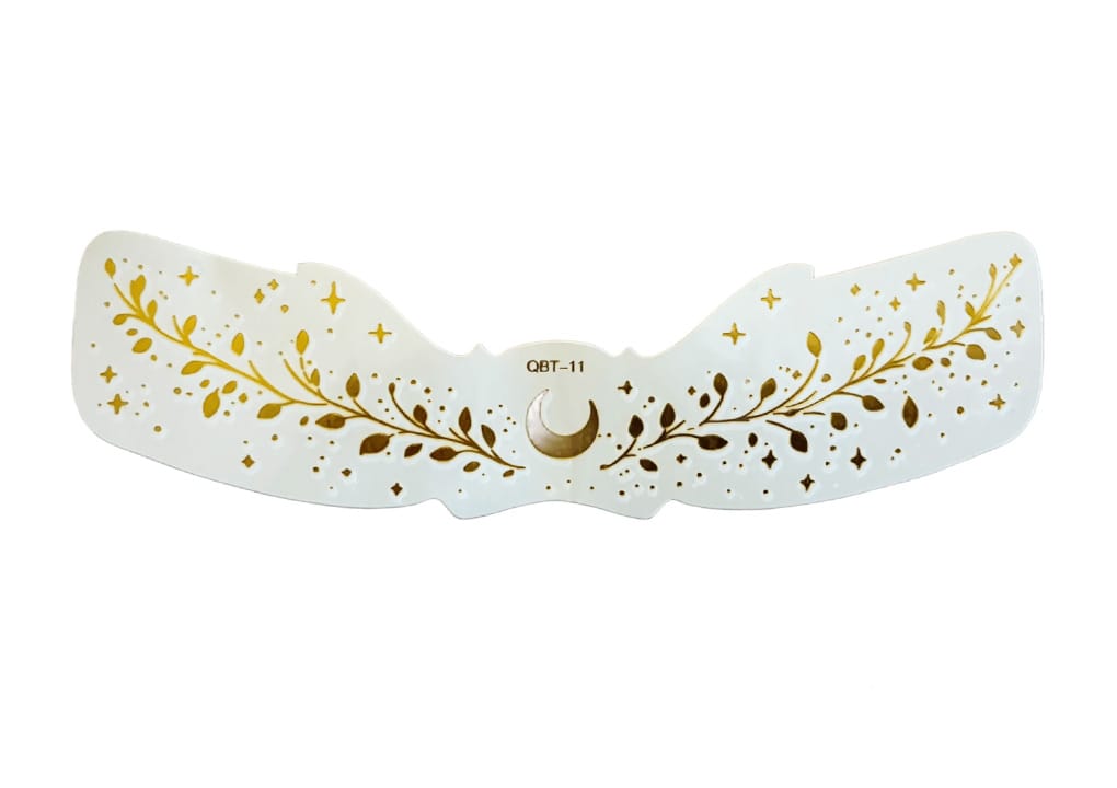 Freckle Tattoos Gold Moon: White adhesive nose strip features gold leaf, star, and dot patterns with a gold moon crescent in the center; code QBT-11 is printed above the moon.