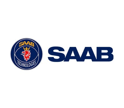 Saab Technologies logotyp med ett blått cirkulärt emblem med en röd grip, en guldkrona och orden SAAB TECHNOLOGIES, bredvid fet, mörkblå SAAB-text - perfekt för att visa upp varumärkesidentiteten i branschen för tillfälliga tatueringar.
